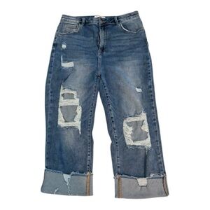 Trendy Distressed Blue Cropped Jeans